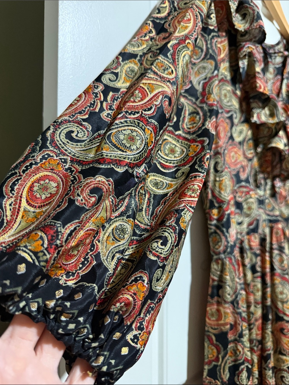 Anthropologie Boho Earthy Whimsical Maxi Dress Artisan Paisley Gold Ruffle L - Picture 6 of 9